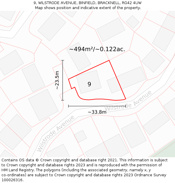 9, WILSTRODE AVENUE, BINFIELD, BRACKNELL, RG42 4UW: Plot and title map