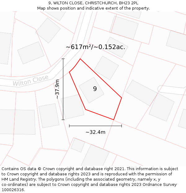 9, WILTON CLOSE, CHRISTCHURCH, BH23 2PL: Plot and title map