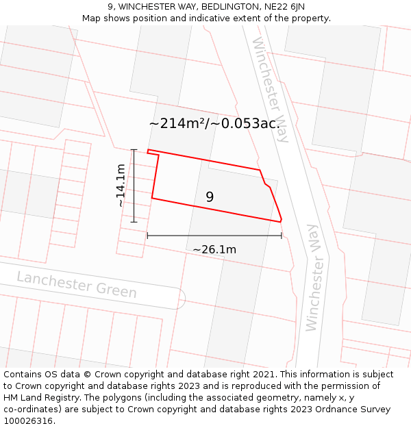9, WINCHESTER WAY, BEDLINGTON, NE22 6JN: Plot and title map
