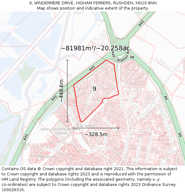 9, WINDERMERE DRIVE, HIGHAM FERRERS, RUSHDEN, NN10 8NN: Plot and title map