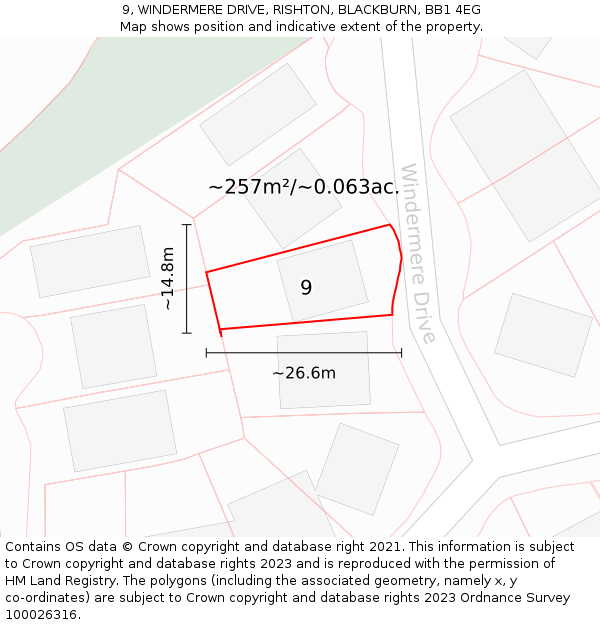 9, WINDERMERE DRIVE, RISHTON, BLACKBURN, BB1 4EG: Plot and title map