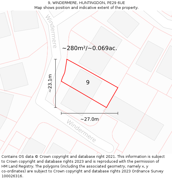 9, WINDERMERE, HUNTINGDON, PE29 6UE: Plot and title map