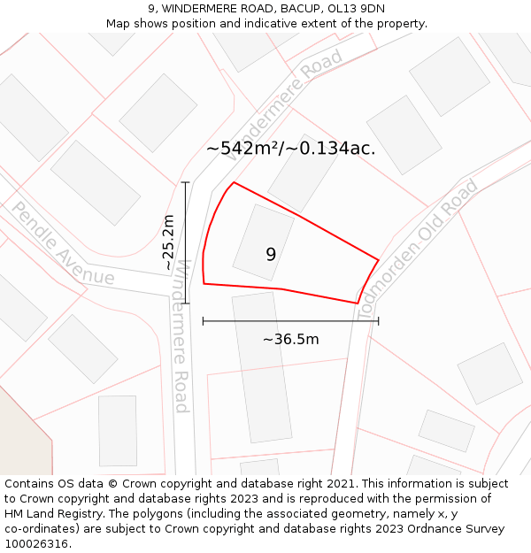 9, WINDERMERE ROAD, BACUP, OL13 9DN: Plot and title map