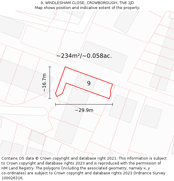 9, WINDLESHAM CLOSE, CROWBOROUGH, TN6 1JD: Plot and title map