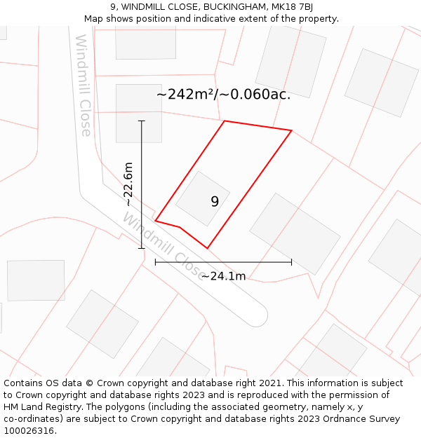 9, WINDMILL CLOSE, BUCKINGHAM, MK18 7BJ: Plot and title map