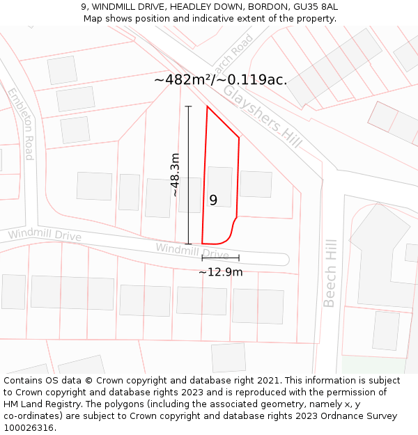 9, WINDMILL DRIVE, HEADLEY DOWN, BORDON, GU35 8AL: Plot and title map