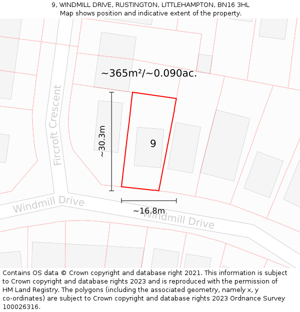 9, WINDMILL DRIVE, RUSTINGTON, LITTLEHAMPTON, BN16 3HL: Plot and title map