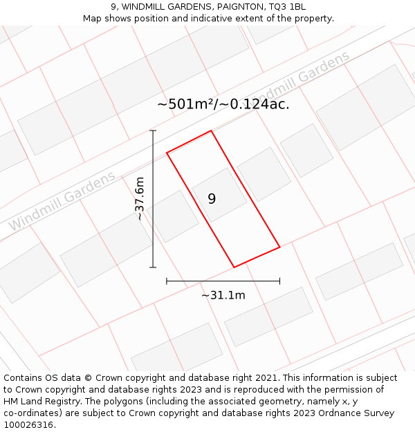 9, WINDMILL GARDENS, PAIGNTON, TQ3 1BL: Plot and title map