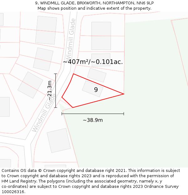9, WINDMILL GLADE, BRIXWORTH, NORTHAMPTON, NN6 9LP: Plot and title map