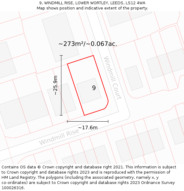 9, WINDMILL RISE, LOWER WORTLEY, LEEDS, LS12 4WA: Plot and title map
