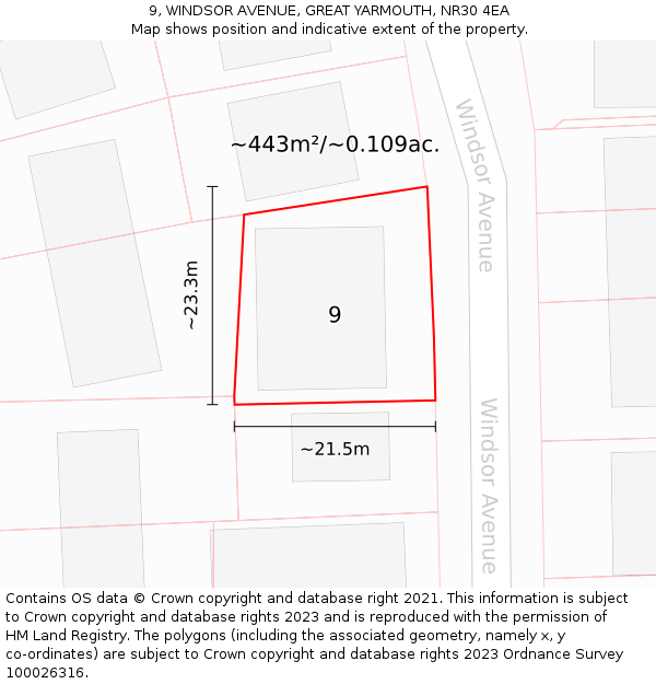9, WINDSOR AVENUE, GREAT YARMOUTH, NR30 4EA: Plot and title map