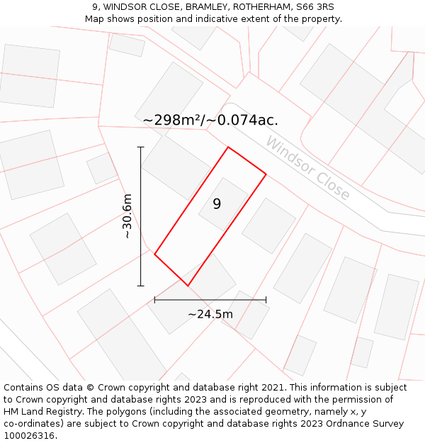 9, WINDSOR CLOSE, BRAMLEY, ROTHERHAM, S66 3RS: Plot and title map