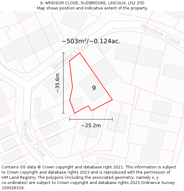 9, WINDSOR CLOSE, SUDBROOKE, LINCOLN, LN2 2YD: Plot and title map