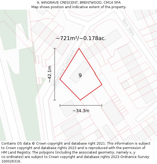 9, WINGRAVE CRESCENT, BRENTWOOD, CM14 5PA: Plot and title map
