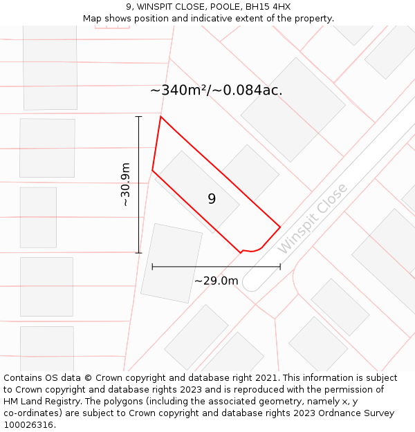 9, WINSPIT CLOSE, POOLE, BH15 4HX: Plot and title map