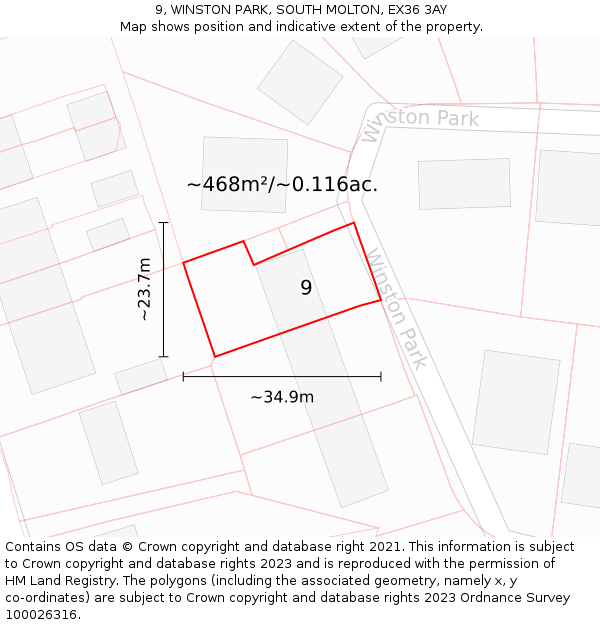 9, WINSTON PARK, SOUTH MOLTON, EX36 3AY: Plot and title map