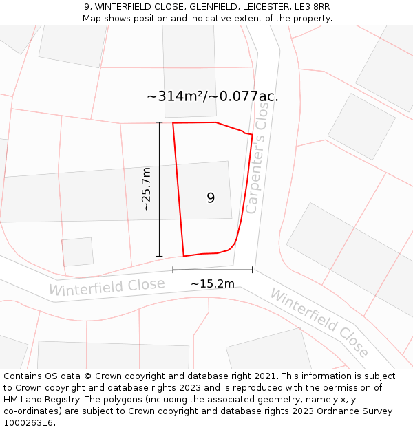 9, WINTERFIELD CLOSE, GLENFIELD, LEICESTER, LE3 8RR: Plot and title map