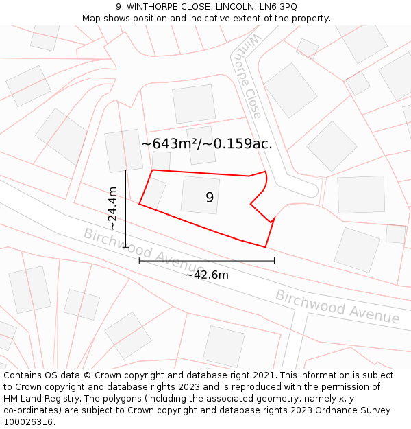 9, WINTHORPE CLOSE, LINCOLN, LN6 3PQ: Plot and title map
