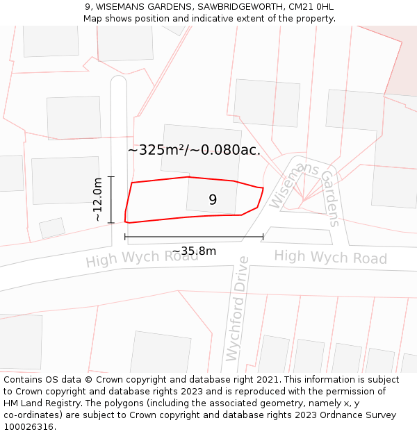 9, WISEMANS GARDENS, SAWBRIDGEWORTH, CM21 0HL: Plot and title map