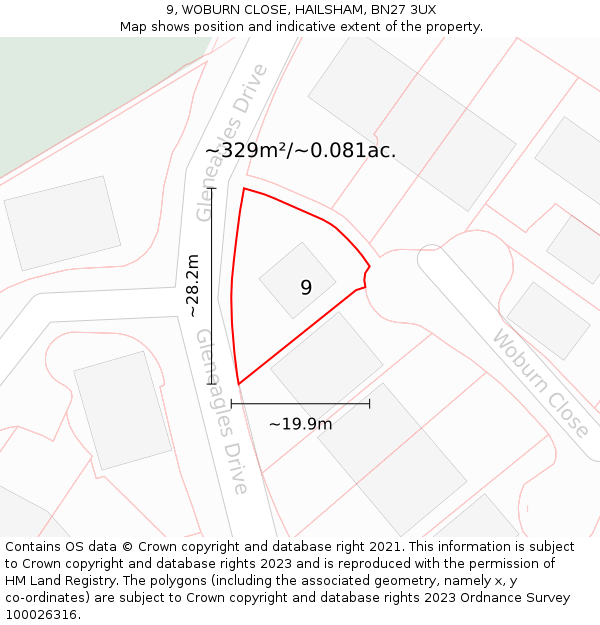 9, WOBURN CLOSE, HAILSHAM, BN27 3UX: Plot and title map