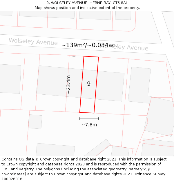 9, WOLSELEY AVENUE, HERNE BAY, CT6 8AL: Plot and title map