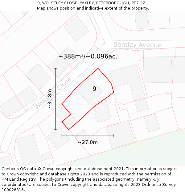 9, WOLSELEY CLOSE, YAXLEY, PETERBOROUGH, PE7 3ZU: Plot and title map
