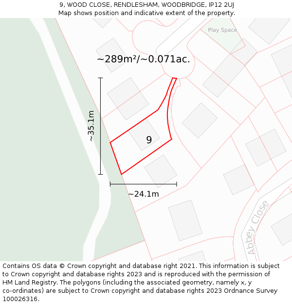 9, WOOD CLOSE, RENDLESHAM, WOODBRIDGE, IP12 2UJ: Plot and title map