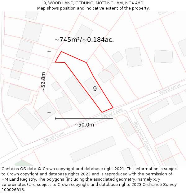 9, WOOD LANE, GEDLING, NOTTINGHAM, NG4 4AD: Plot and title map