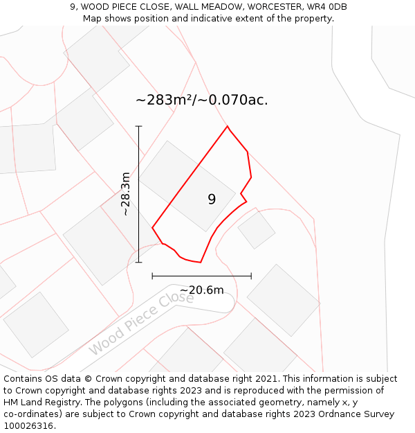 9, WOOD PIECE CLOSE, WALL MEADOW, WORCESTER, WR4 0DB: Plot and title map