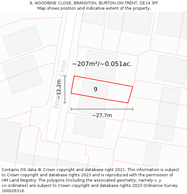 9, WOODBINE CLOSE, BRANSTON, BURTON-ON-TRENT, DE14 3FF: Plot and title map