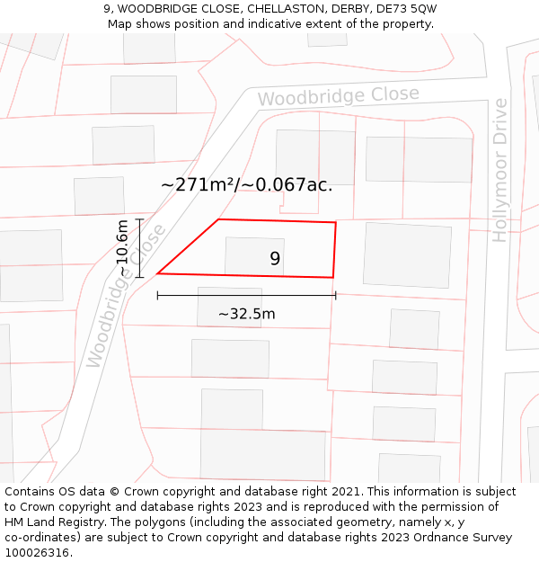 9, WOODBRIDGE CLOSE, CHELLASTON, DERBY, DE73 5QW: Plot and title map