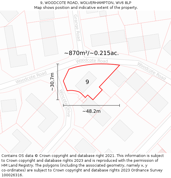 9, WOODCOTE ROAD, WOLVERHAMPTON, WV6 8LP: Plot and title map