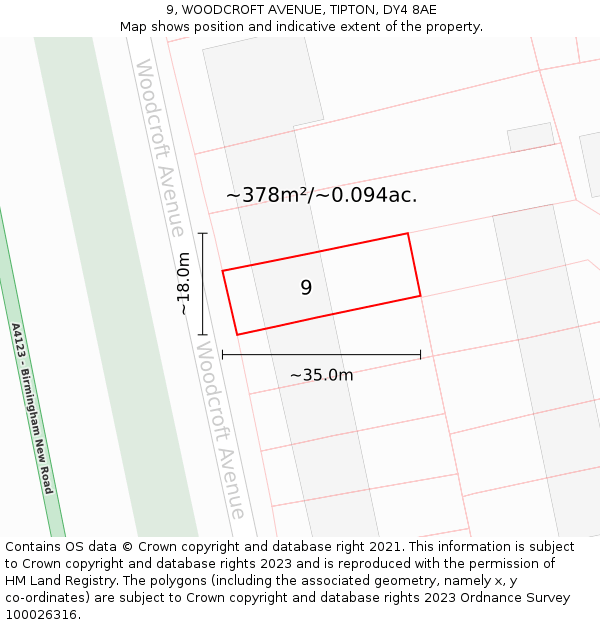 9, WOODCROFT AVENUE, TIPTON, DY4 8AE: Plot and title map