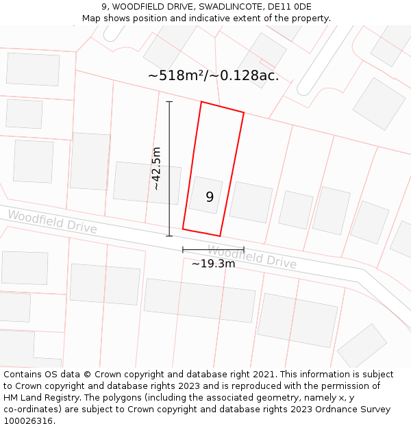 9, WOODFIELD DRIVE, SWADLINCOTE, DE11 0DE: Plot and title map