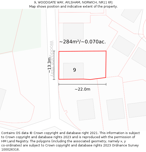 9, WOODGATE WAY, AYLSHAM, NORWICH, NR11 6FJ: Plot and title map