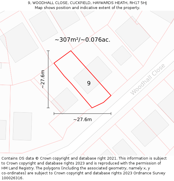 9, WOODHALL CLOSE, CUCKFIELD, HAYWARDS HEATH, RH17 5HJ: Plot and title map
