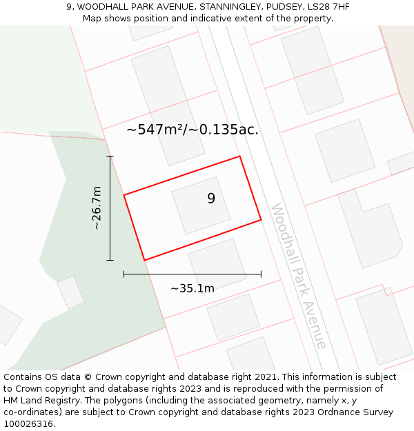 9, WOODHALL PARK AVENUE, STANNINGLEY, PUDSEY, LS28 7HF: Plot and title map