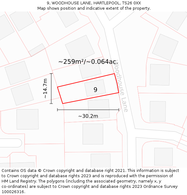9, WOODHOUSE LANE, HARTLEPOOL, TS26 0XX: Plot and title map
