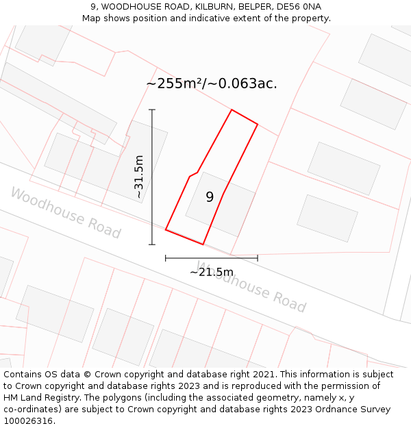 9, WOODHOUSE ROAD, KILBURN, BELPER, DE56 0NA: Plot and title map