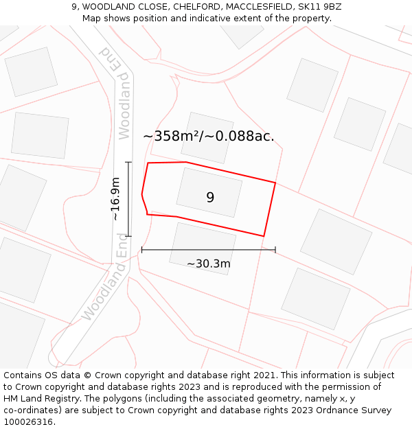9, WOODLAND CLOSE, CHELFORD, MACCLESFIELD, SK11 9BZ: Plot and title map