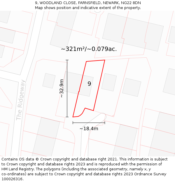 9, WOODLAND CLOSE, FARNSFIELD, NEWARK, NG22 8DN: Plot and title map