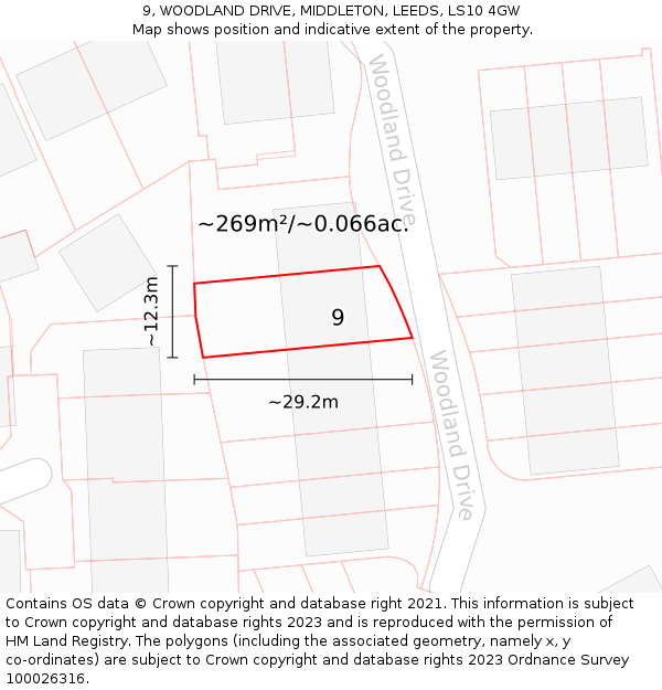 9, WOODLAND DRIVE, MIDDLETON, LEEDS, LS10 4GW: Plot and title map