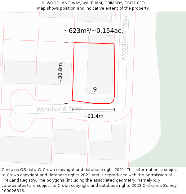 9, WOODLAND WAY, WALTHAM, GRIMSBY, DN37 0FD: Plot and title map