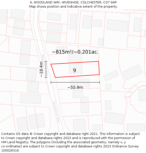 9, WOODLAND WAY, WIVENHOE, COLCHESTER, CO7 9AP: Plot and title map