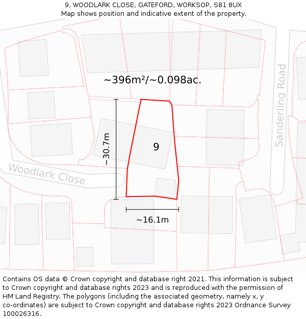 9, WOODLARK CLOSE, GATEFORD, WORKSOP, S81 8UX: Plot and title map