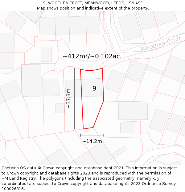 9, WOODLEA CROFT, MEANWOOD, LEEDS, LS6 4SF: Plot and title map