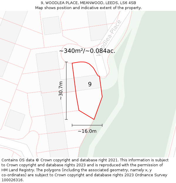 9, WOODLEA PLACE, MEANWOOD, LEEDS, LS6 4SB: Plot and title map