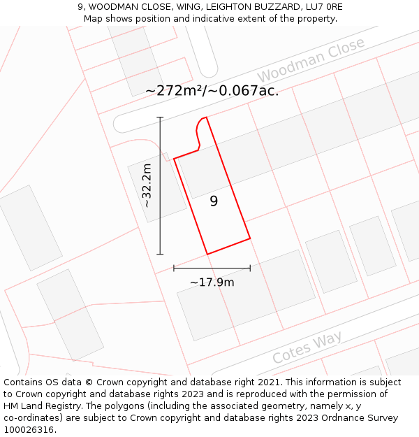 9, WOODMAN CLOSE, WING, LEIGHTON BUZZARD, LU7 0RE: Plot and title map