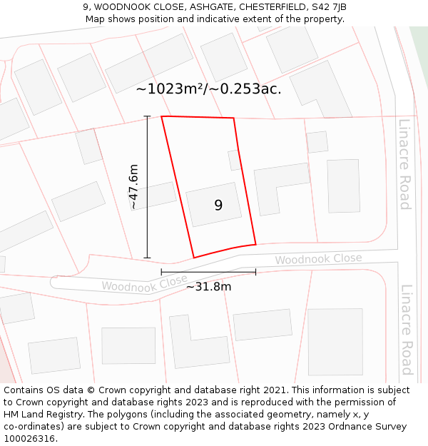 9, WOODNOOK CLOSE, ASHGATE, CHESTERFIELD, S42 7JB: Plot and title map
