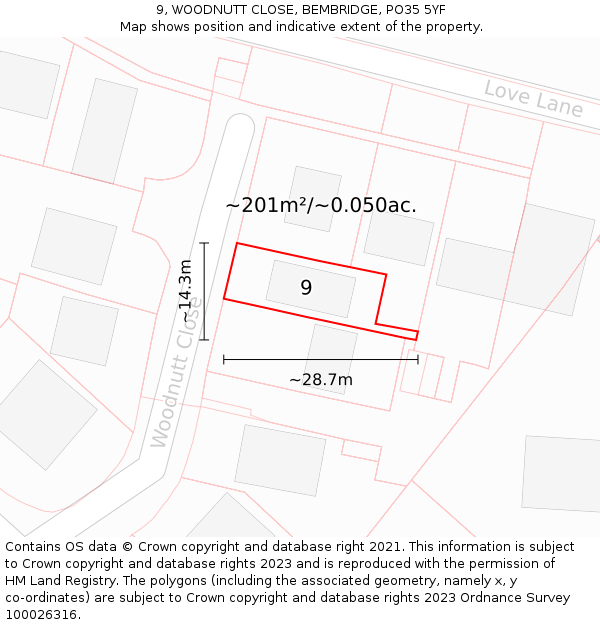 9, WOODNUTT CLOSE, BEMBRIDGE, PO35 5YF: Plot and title map